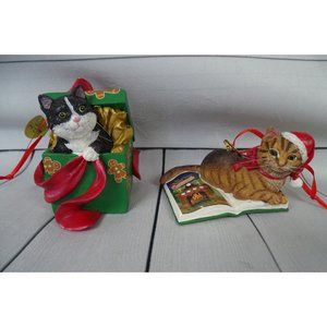 2 Danbury Mint Christmas Ornaments 2017 Meow-y Christmas Cat on Book Cat in Gift